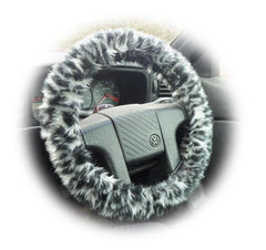 Snow Leopard fuzzy Steering wheel cover & matching faux fur seatbelt pad set Poppys Crafts