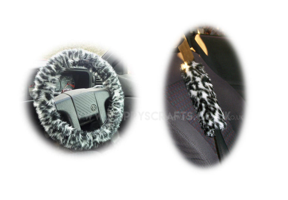 Snow Leopard fuzzy Steering wheel cover & matching faux fur seatbelt pad set Poppys Crafts