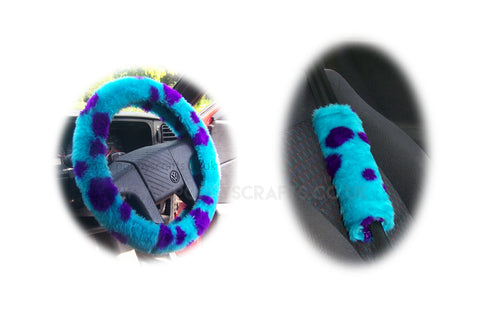 Monster Spot fuzzy Car Steering wheel cover & matching faux fur seatbelt pad set