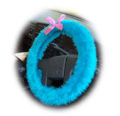 Turquoise / Teal fuzzy car steering wheel cover faux fur with Barbie Pink satin Bow Poppys Crafts
