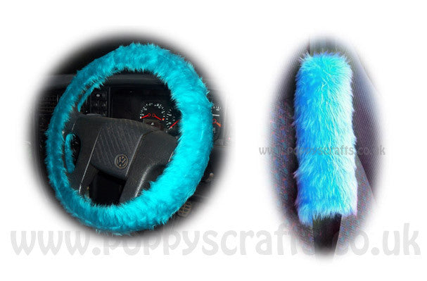 Gorgeous Teal Turquoise Car Steering wheel cover & matching fuzzy faux fur seatbelt pad set Poppys Crafts