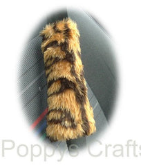 Gold Tiger print fuzzy Car Steering wheel cover & matching faux fur seatbelt pad set Poppys Crafts