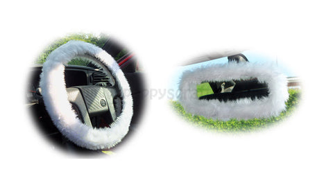 Pretty White fuzzy steering wheel cover with cute matching rearview mirror cover