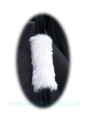 White fluffy steering wheel cover and matching faux fur seatbelt pads Poppys Crafts