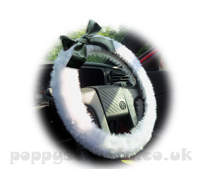 White fluffy faux fur fuzzy car steering wheel cover with black satin Bow Poppys Crafts