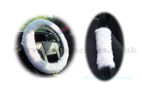 White fluffy steering wheel cover and matching faux fur seatbelt pads