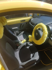 Sunshine Yellow fuzzy faux fur car steering wheel cover Poppys Crafts