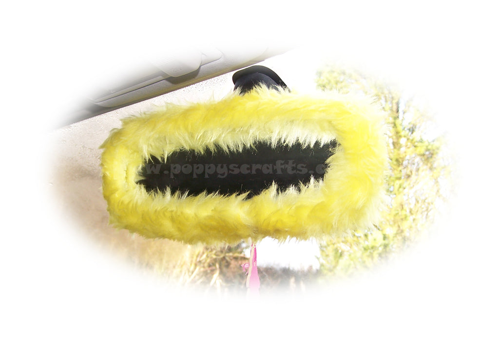 Sunshine Yellow faux fur rear view interior car mirror cover Poppys Crafts