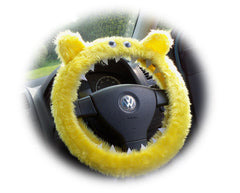 Fuzzy faux fur Yellow Monster steering wheel cover with googly eyes, ears, and teeth Poppys Crafts