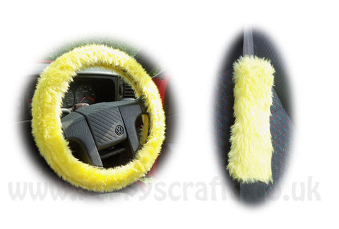 Sunshine Yellow Car Steering wheel cover & matching fuzzy faux fur seatbelt pad set
