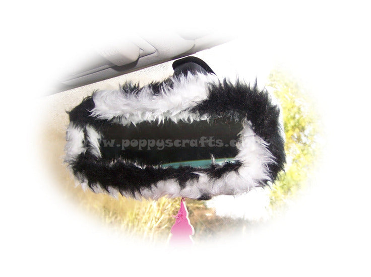 Black and White Zebra stripe faux fur rear view interior mirror cover Poppys Crafts